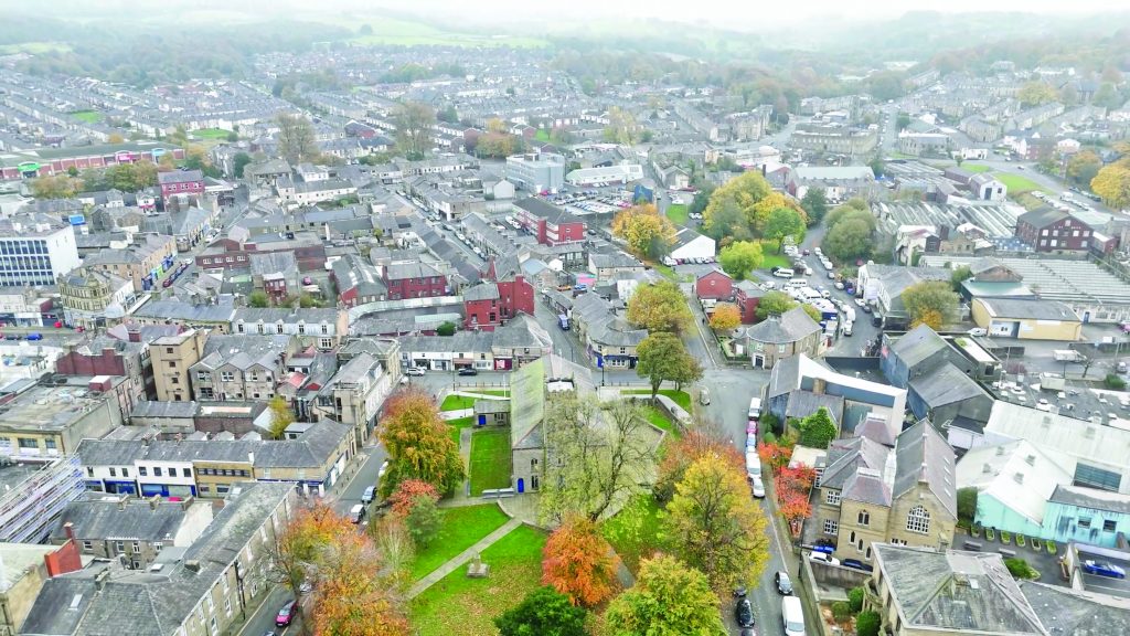 drone photo of part of a town centre